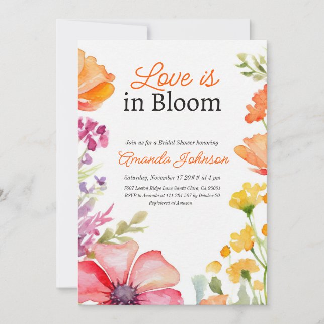 Invitation Love Bloom Fleur sauvage Peach Fête des mariées fl (Devant)