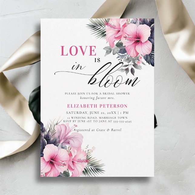 Invitation Love Bloom Hibiscus Tropical Rose Fête des mariées (love is in bloom bridal shower invitation tropical pink hibiscus flowers floral frame elegant chic)