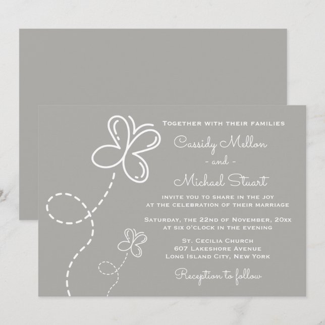 Invitation Love Grey & White Coeurs et papillons Mariages (Devant / Derrière)