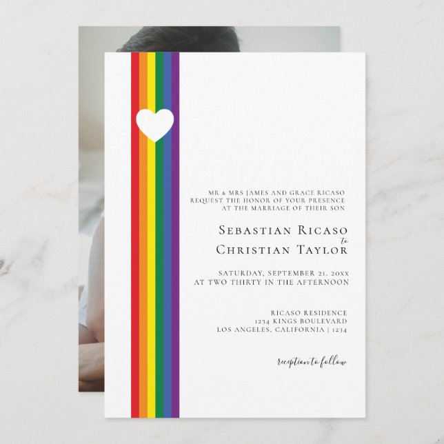 Invitation Love Heart et Rainbow Gay Mariage (Devant / Derrière)