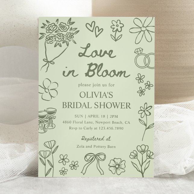 Invitation Love in Bloom Sage Green Hand Drawn Bridal Shower (Créateur téléchargé)