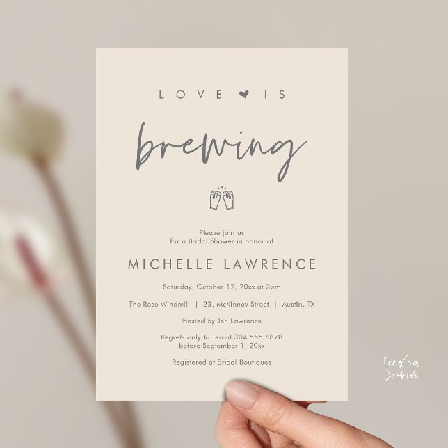 Invitation Love is brewing, Beer Party,  Bridal Shower (Love is brewing, Beer Party, Bridal Shower Invites card, booze love laughter, in cream grey)