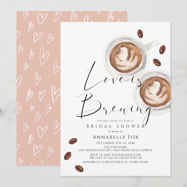 Invitation Love is Brewing Cappuccino Coffee Bridal Shower (Devant / Derrière)