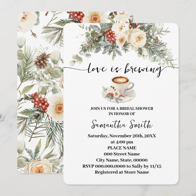 Invitation Love is Brewing Winter Bridal Shower Coffee (Devant / Derrière)