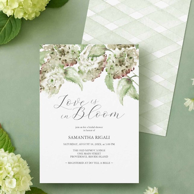 Invitation Love Is In Bloom Bridal Shower Invites Hydrangea (Elegant Bridal Shower Invitation Designs for a Rustic Theme with watercolor green hydrangeas)