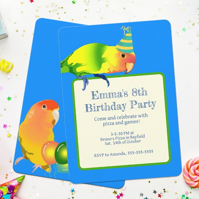 Invitation Lovebird Parrot Anniversaire Fête Mignonne Bright  (Birthday lovebirds kids party invitation)