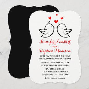 Invitation Lovebirds & Hearts Mariage rouge et noir