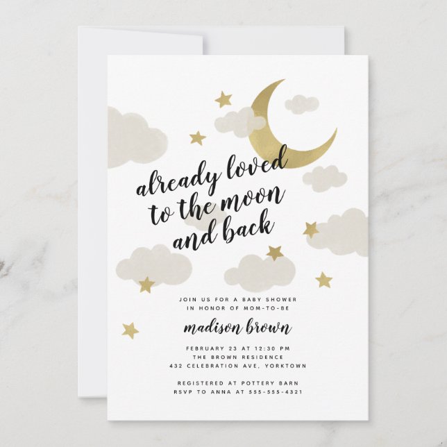 Invitation Loved to the Moon and Back Baby shower Gold (Devant)