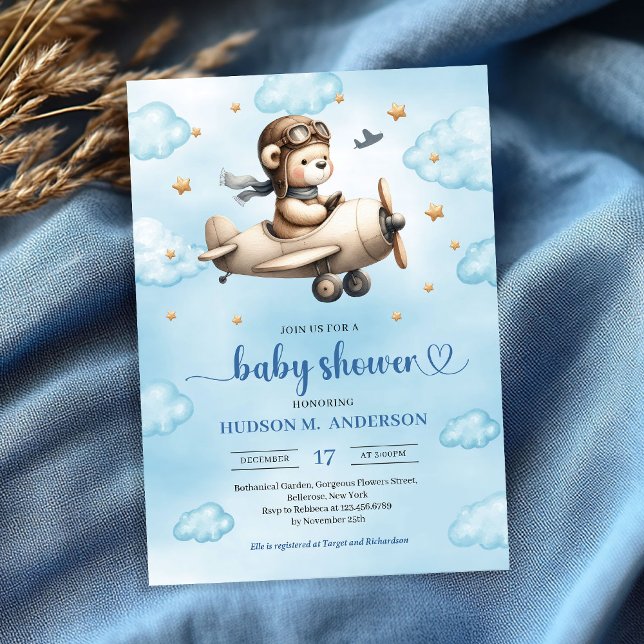 Invitation Lovely blue and gold aviator bear baby shower  (Lovely blue and gold aviator bear baby shower invite)