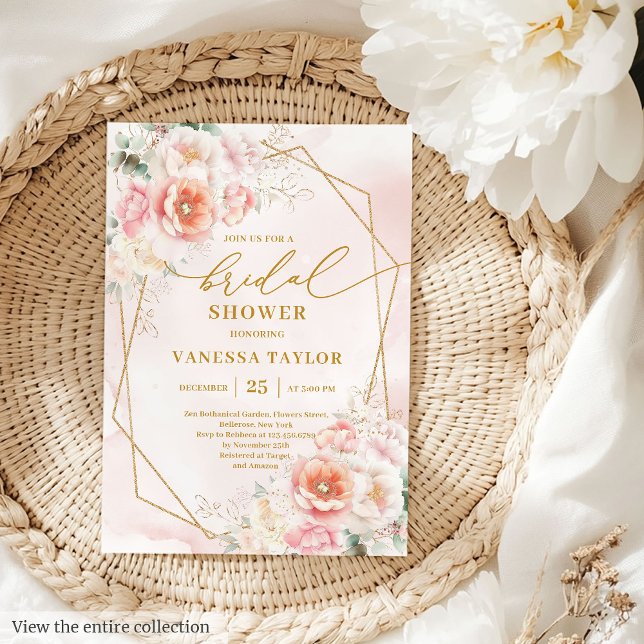 Invitation Lovely Boho Blush Gold Frame Rose Fête des mariées (Lovely Boho Blush Gold Frame Roses Bridal Shower Invitation )