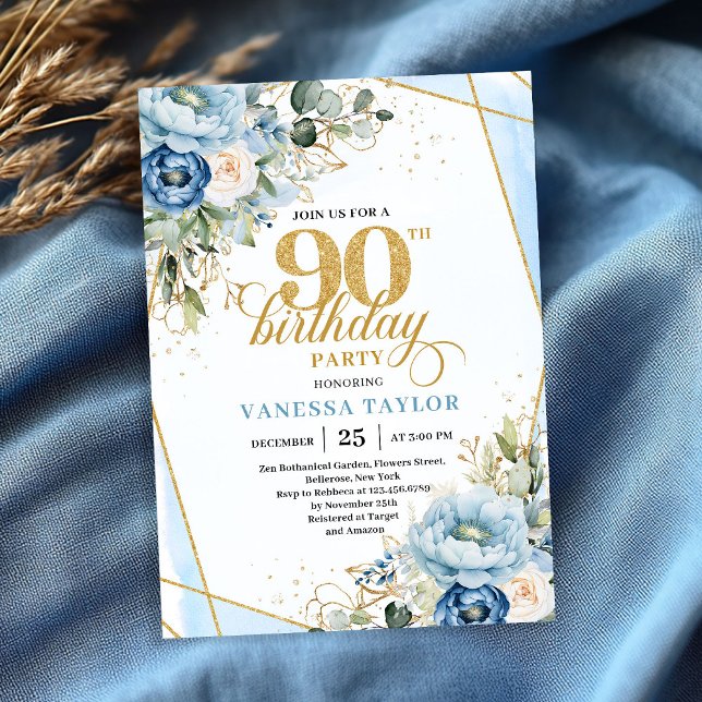 Invitation Lovely pale blue gold florals 90th birthday invite (Lovely pale blue gold florals 90th birthday celebration)