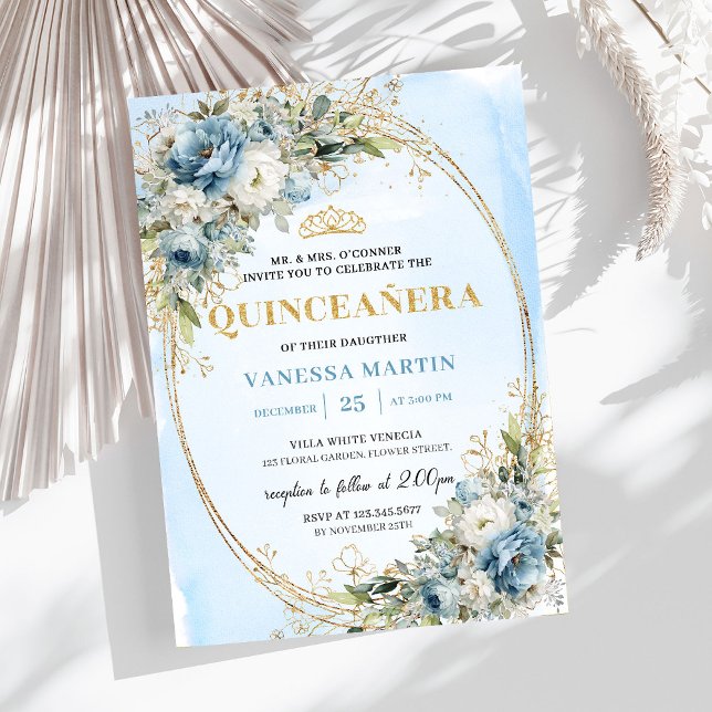 Invitation Lovely Pastel Blue Gold Eucalyptus Quinceañera  (Lovely Pastel Blue Gold Eucalyptus Quinceañera Invite

)