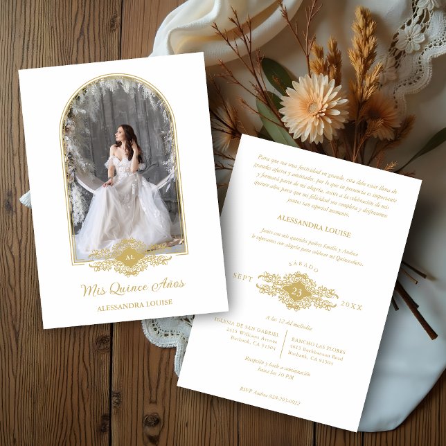 Invitation Lovely Quinceañera Spanish Stilysh Gold Chic Arch  (Lovely Quinceañera Spanish Stilysh Faux Golden Effect Arch Effect Photo Invitations Cards.)