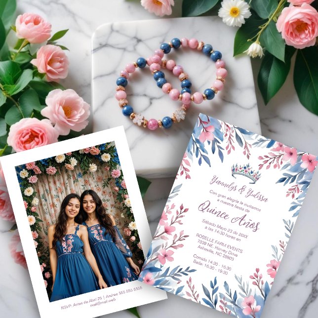 Invitation Lovely Twins Botanical Frame Tiara Spanish Photo  (Lovely Twins Sisters Botanical Frame Spanish Photo Mis XV Invitations Cards in Blue & Pink Tiara)