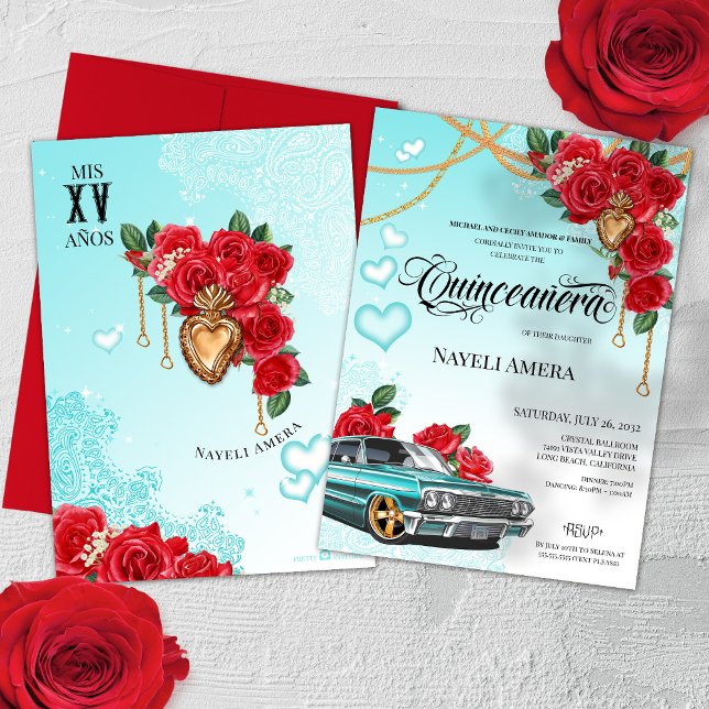 Invitation Lowrider Chola Chicano Red Rose Quinceanera (Créateur téléchargé)