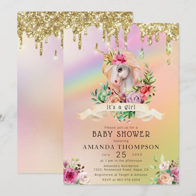 Invitation L'Parties scintillant d'or : un Baby shower de fil (Devant / Derrière)