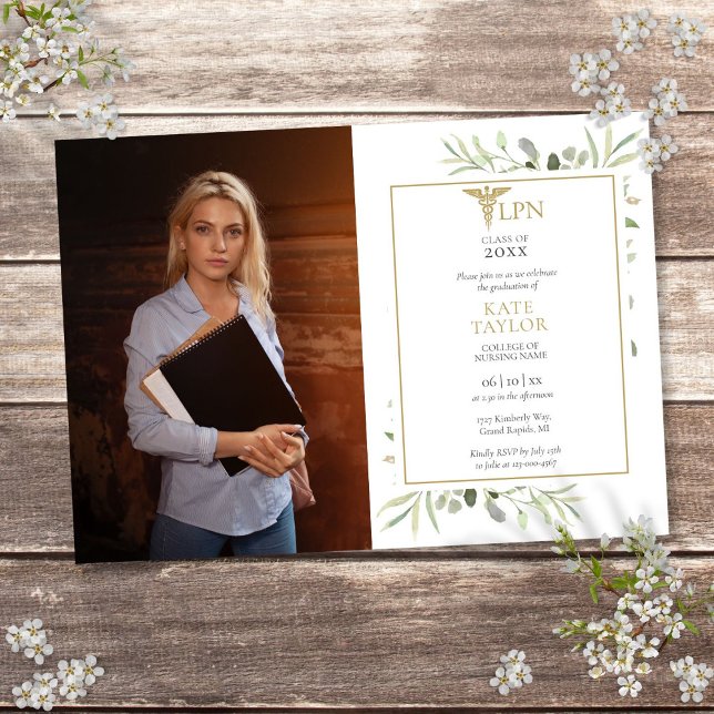 Invitation LPN Graduation Green Photo (LPN Nursing Graduation Greenery Photo Invitation)