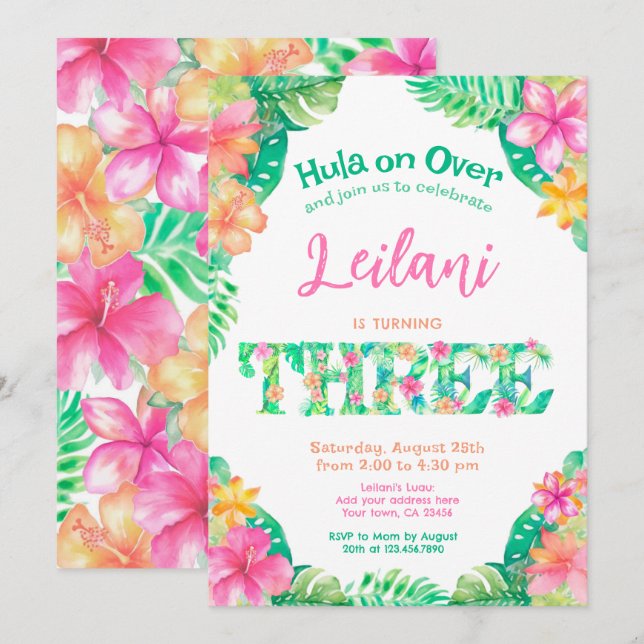 Invitation Luau 3e anniversaire (Devant / Derrière)