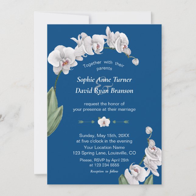 Invitation Luau Aquarelle Orchidée blanche Mariage bleu class (Devant)