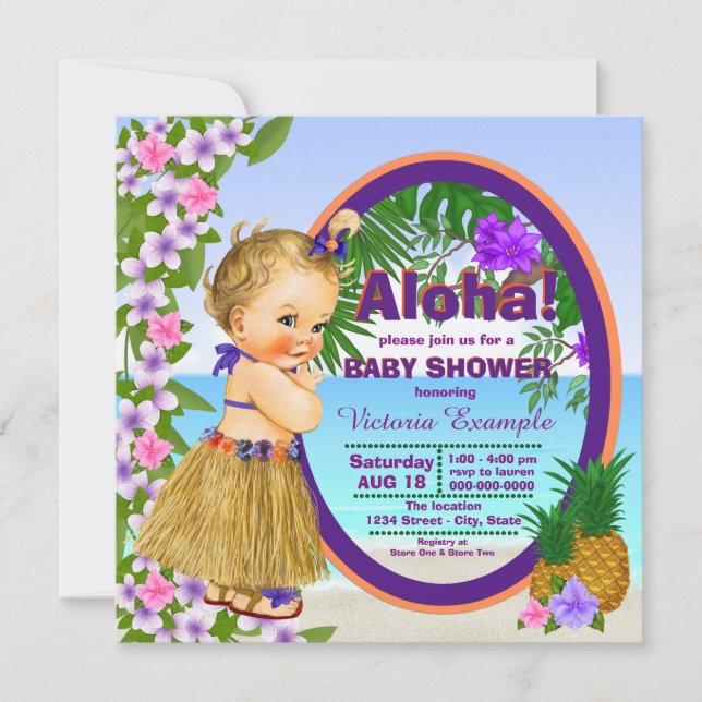 Invitation Luau Hula Girl Hwaiian Baby shower tropical (Devant)