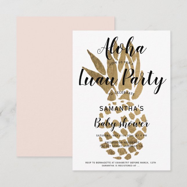 Invitation Luau party Aloha baby shower chic ananas d'or (Devant / Derrière)