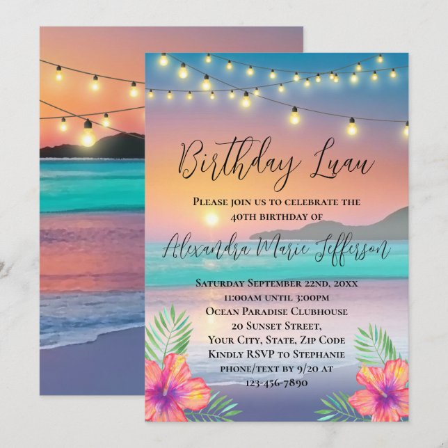 Invitation Luau Pastel Sunset Beach Ocean Anniversaire (Devant / Derrière)