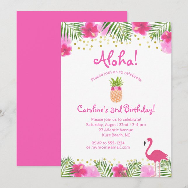 Invitation Luau Tropical Floral Girl 3ème anniversaire Invit (Devant / Derrière)