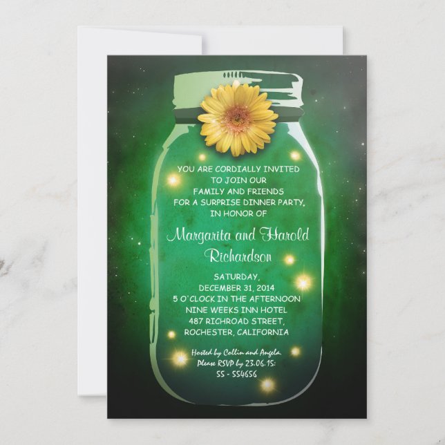 Invitation Lucioles et pot Mason rustique Fantaisie Anniversa (Devant)