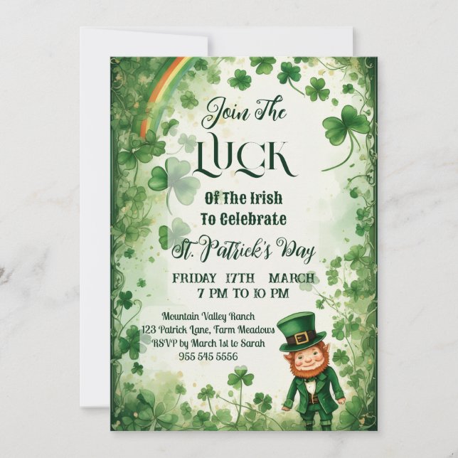 Invitation Luck Of Irish Shamrocks Rainbow Leprechaun Funky  (Devant)