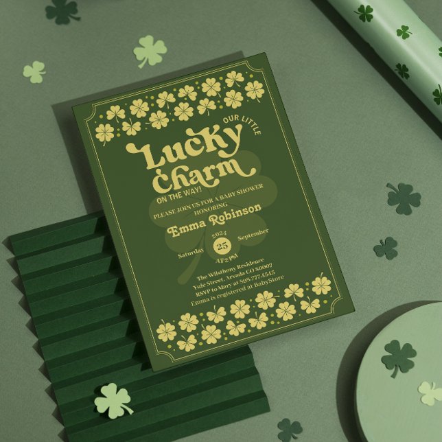 Invitation Lucky Charm st Patrick's day baby shower (st Patrick's day baby shower Invitation leprechaun green modern lucky little shamrock four leaves)