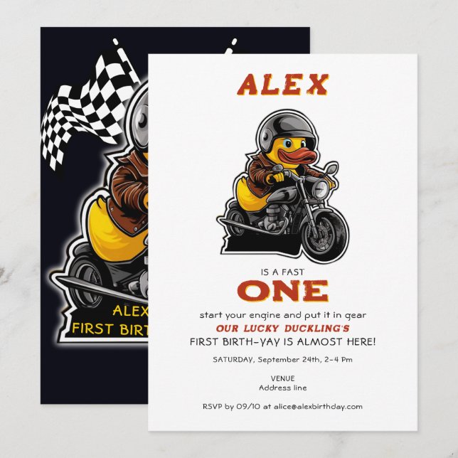 Invitation Lucky Duck mignonne Toddler 1ère moto d'anniversai (Devant / Derrière)