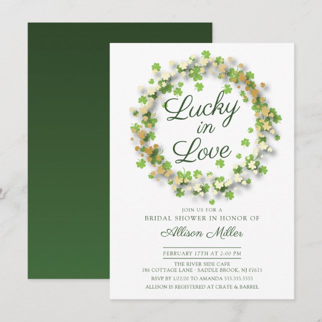 Invitation Lucky in Love Golden Shamrocks Fête des mariées (Devant / Derrière)