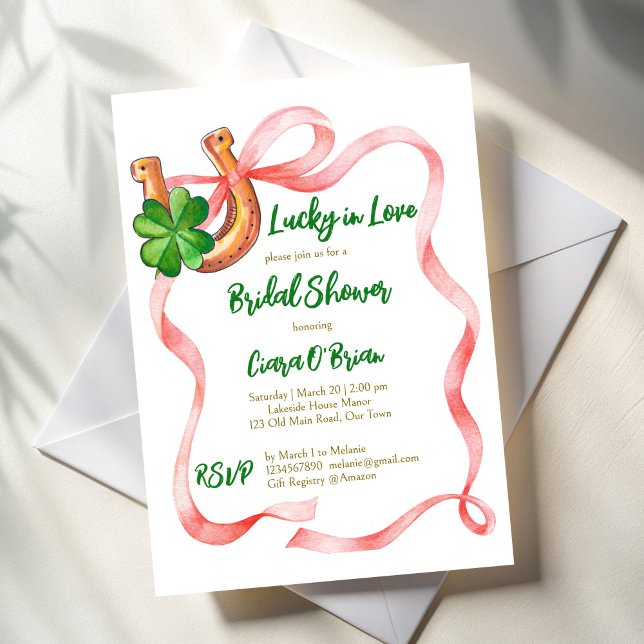 Invitation Lucky in love trèfle ruban de la nuptiale (Lucky in love clover leaf pink  bow ribbon st Patrick's day bridal shower invitation template)