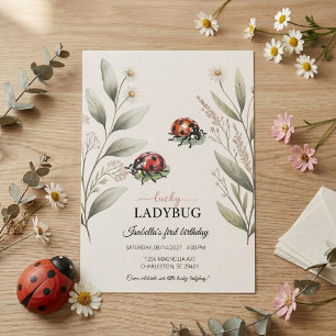Invitation Lucky Ladybug Aquarelle Fleurie Fille 1er Annivers