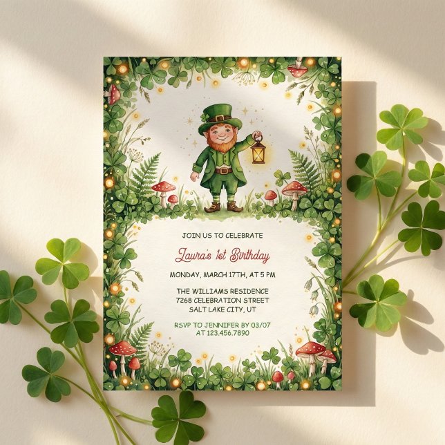 Invitation Lucky Leprechaun St Patrick First Birthday Party (Irish Leprechaun Green Shamrock Baby First Birthday Invitation Card)