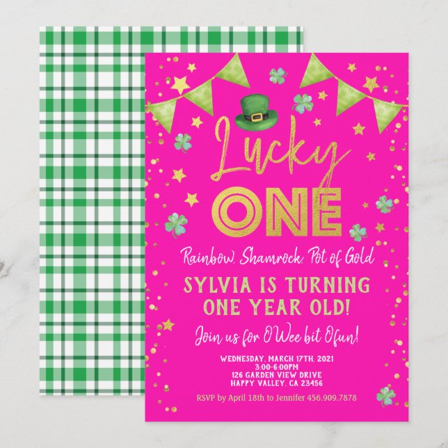 Invitation Lucky One Girl First Birthday St Patrick's Day (Devant / Derrière)