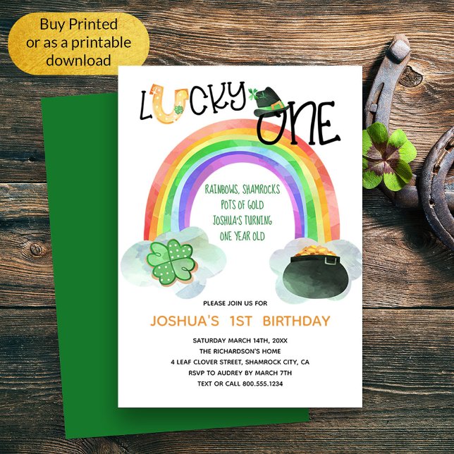 Invitation Lucky One Rainbow Shamrock Pot d'or Anniversaire (Lucky One Whimsical Irish Themed First Birthday Invitation)