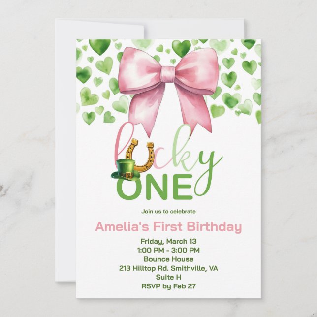 Invitation Lucky One rose et vert Premier anniversaire (Devant)