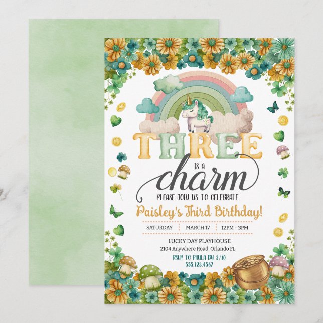 Invitation Lucky Rainbow Unicorn Three Est Un Anniversaire Ch (Devant / Derrière)