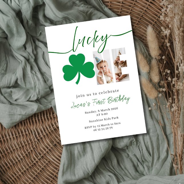 Invitation Lucky Shamrock First Birthday Photo Editable  (Créateur téléchargé)