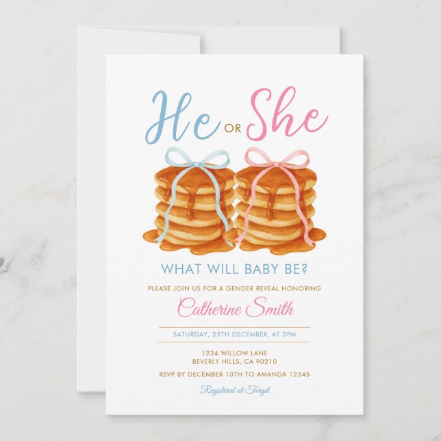 Invitation Lui ou elle a crêpé Genre Révéler Rose et Bleu Bow (Devant)