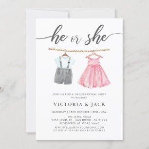 Invitation Lui ou elle Aquarelle Vêtements de bébé Révélation
