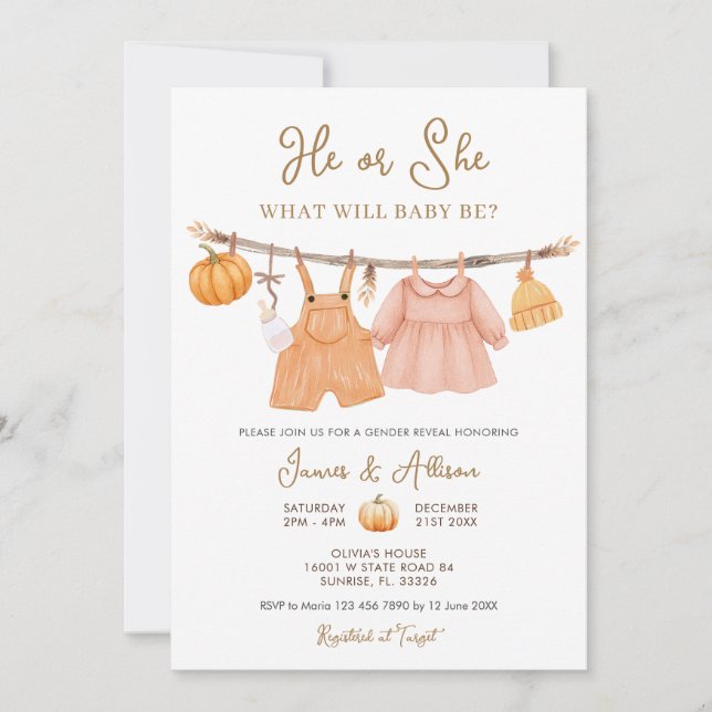 Invitation Lui ou elle Citrouille Vêtements de bébé Révélatio (Devant)