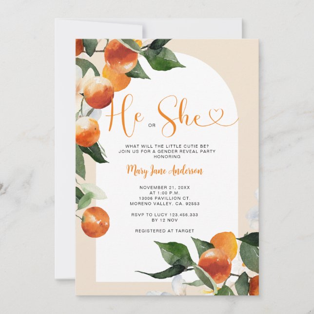 Invitation Lui ou Elle Citrus Orange Verdure Sexe Révélation (Devant)