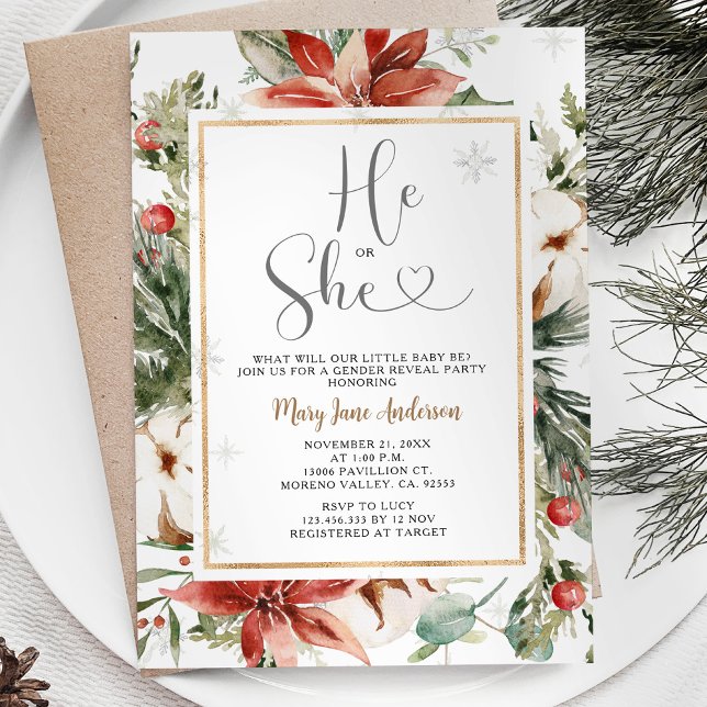 Invitation Lui ou elle hiver Noël Floral Genre Révélation (Créateur téléchargé)
