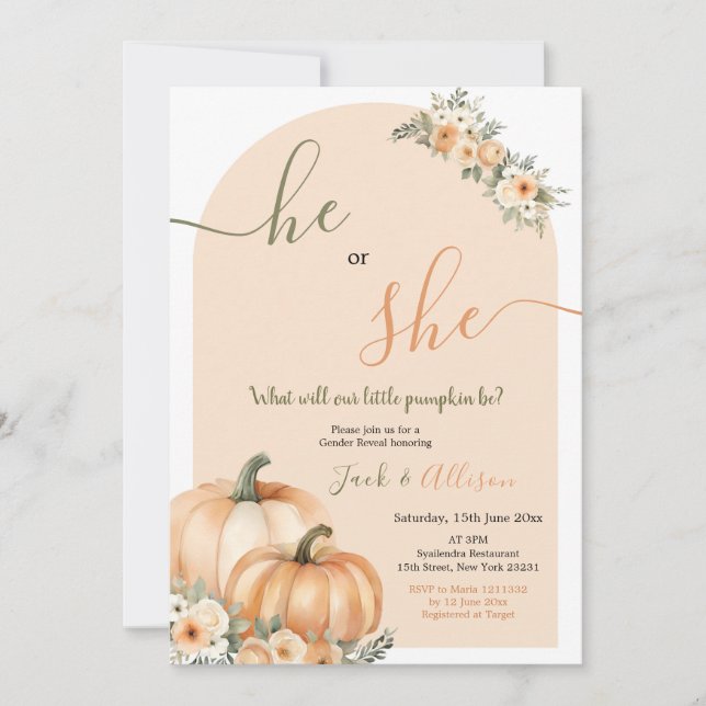Invitation Lui ou elle Orange Citrouille Chute Floral Genre R (Devant)