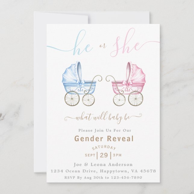 Invitation Lui ou elle Pink & Blue Stroller Genre Revevela Pa (Devant)