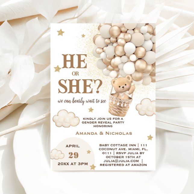 Invitation Lui ou elle Teddy Bear Cute Boho Révélation de gen (Créateur téléchargé)