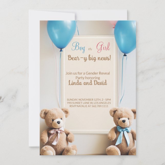 Invitation Lui ou Elle : Teddy Bear Genre Revevela Party (Devant)