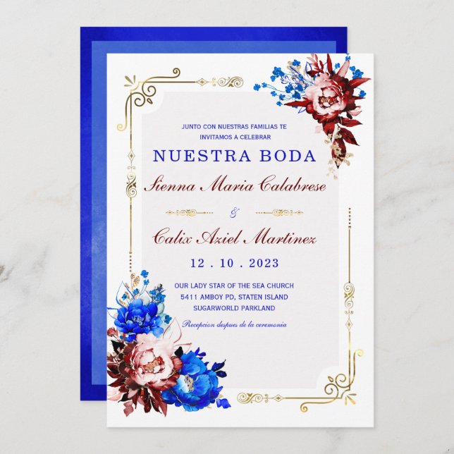 Invitation Lujo De Boda en Burdeos y Azul (Devant / Derrière)